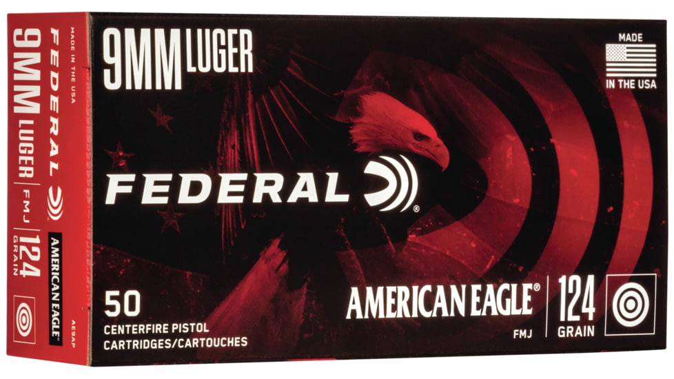 Federal Premium American Eagle Handgun 9 mm Luger 124 Grain Full Metal Jacket Centerfire Pistol Ammunition, 50 Rounds, AE9AP