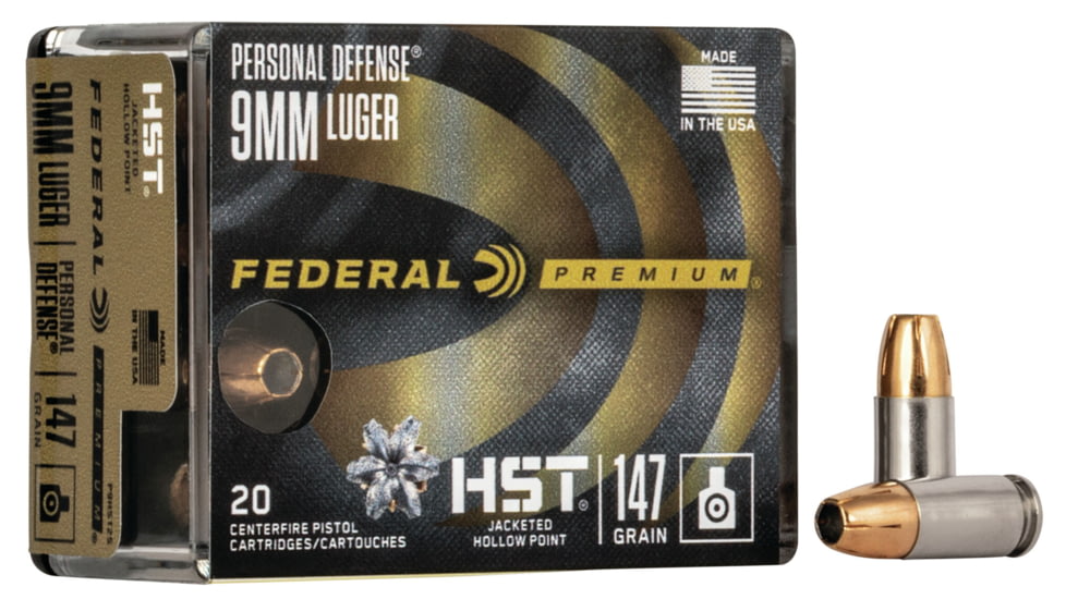 Federal Premium Personal Defense Pistol Ammo, 9 mm Luger, HST Jacketed Hollow Point, 147 grain, 20 Rounds, P9HST2S