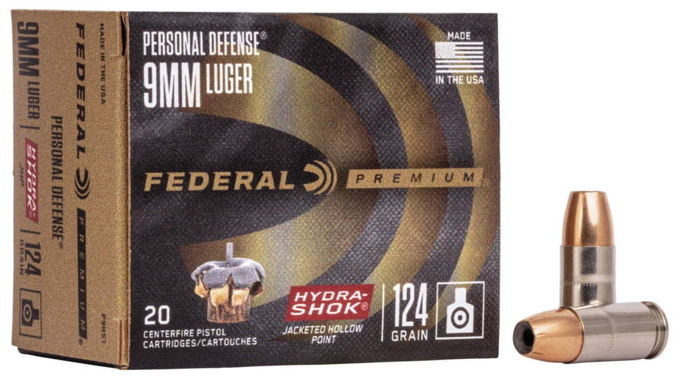 Federal Premium Personal Defense Pistol Ammo, 9mm Luger, Hydra-Shok Jacketed Hollow Point, 124 grain, 20 Rounds, P9HS1
