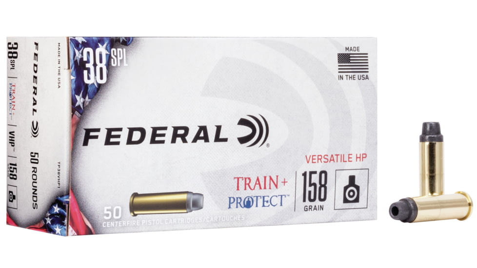 Federal Premium Train+Protect Pistol Ammo, .38 Special, Versatile Hollow Point, 158 grain, 50 Rounds, TP38VHP1