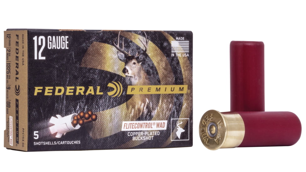 Federal Premium Vital Shok 12 Gauge 9 Pellets Buckshot with FLITECONTROL Wad Centerfire Shotgun Ammo, 00 Buck Shot, 5 Rounds, PFC154 00, PFC154 00