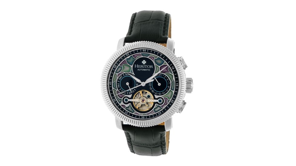 Heritor Aura Leather-Band Watch w/ Day/Date, Silver/Black, Standard HERHR3501