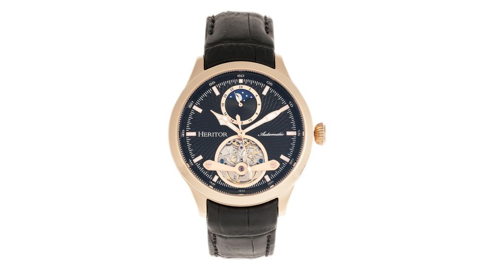 Heritor Automatic Gregory Semi-Skeleton Leather-Band Watch, Rose Gold/Black, One Size, HERHR8105