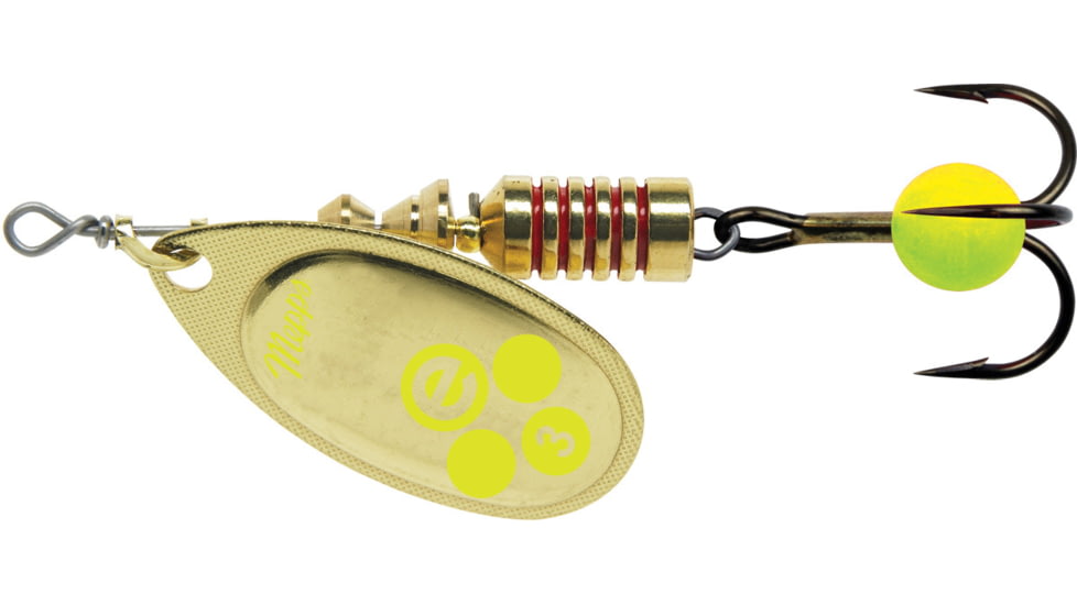 Mepps Aglia-e In-Line Spinner, 2 1/2in, 1/4 oz, Treble Hook w/Egg, Gold Hot Chartreuse, BE3 GHC