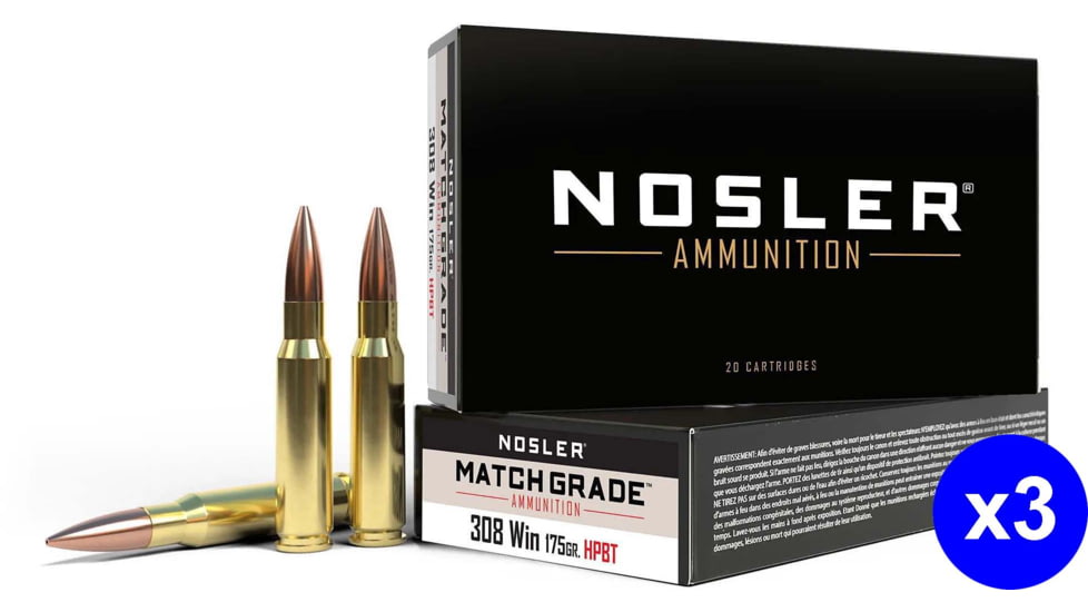 Nosler .308 Winchester 175 Grain Custom Competition Brass Cased Centerfire Rifle Ammo, 60 Rounds