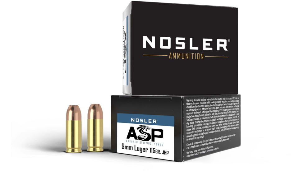 Nosler ASP 9mm 115 Grain Jacketed Hollow Point Brass Cased Pistol Ammo, 20 Rounds, 51285