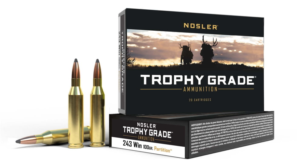 Nosler Trophy Grade 243 Win 100gr Partition Brass Centerfire Rifle Ammunition, 20 Rounds, 61046
