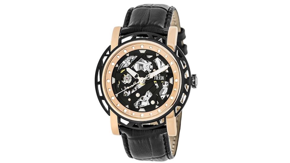 Reign Mens Stavros Automatic Skeleton Dial Crocodile-Embossed Leather Strap Watch Black Bezel, Rose Gold/Circle-shaped Case, Black/analog Dial, Rose Gold Hands REIRN3706