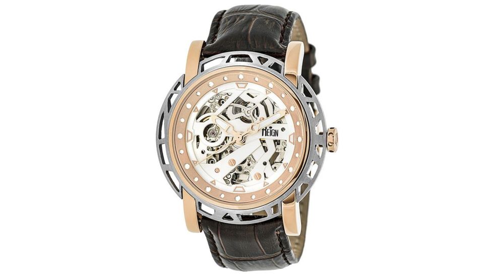 Reign Mens Stavros Automatic Skeleton Dial Crocodile-Embossed Leather Strap Watch Silver Bezel, Rose Gold/Circle-shaped Case, White/analog Dial, Rose Gold Hands REIRN3703