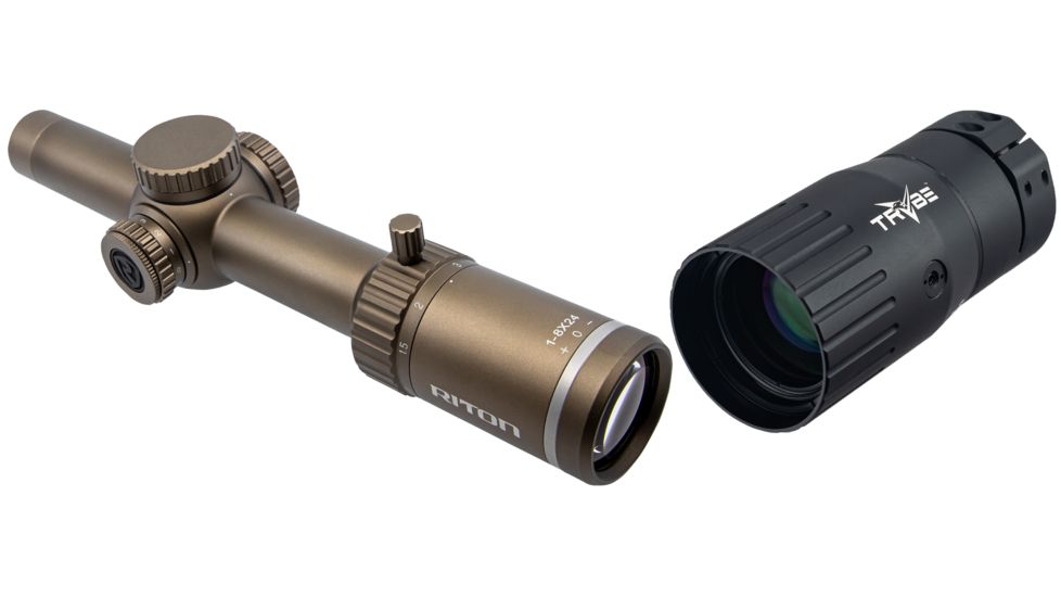 Riton Optics X3 Tactix Rifle Scope, 1-8x24mm, 30mm Tube, Second Focal Plane, OT Reticle, Anodized, FDE, Red, 3T18ASIB with Trybe Optics Enhancer