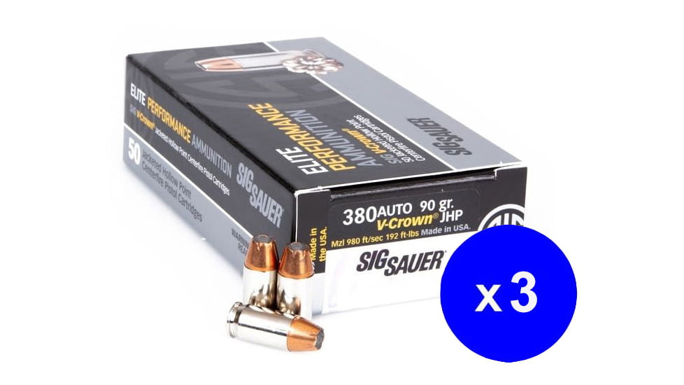 SIG SAUER V-Crown .380 ACP 90 Grain Jacketed Hollow Point Brass Cased Centerfire Pistol Ammo, 150 Rounds, E380A1-50-KIT1