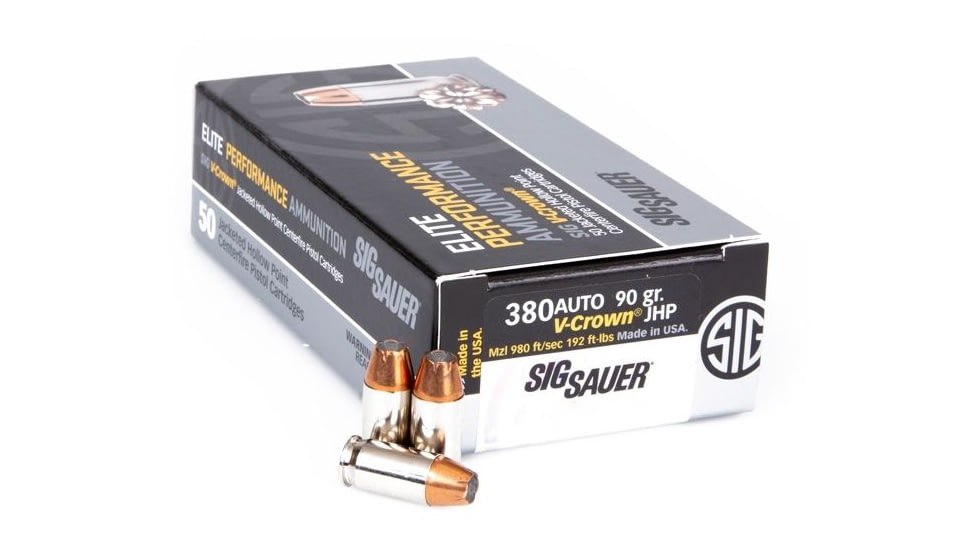 SIG SAUER V-Crown .380 ACP 90 Grain Jacketed Hollow Point Brass Cased Centerfire Pistol Ammo, 50 Rounds, E380A1-50