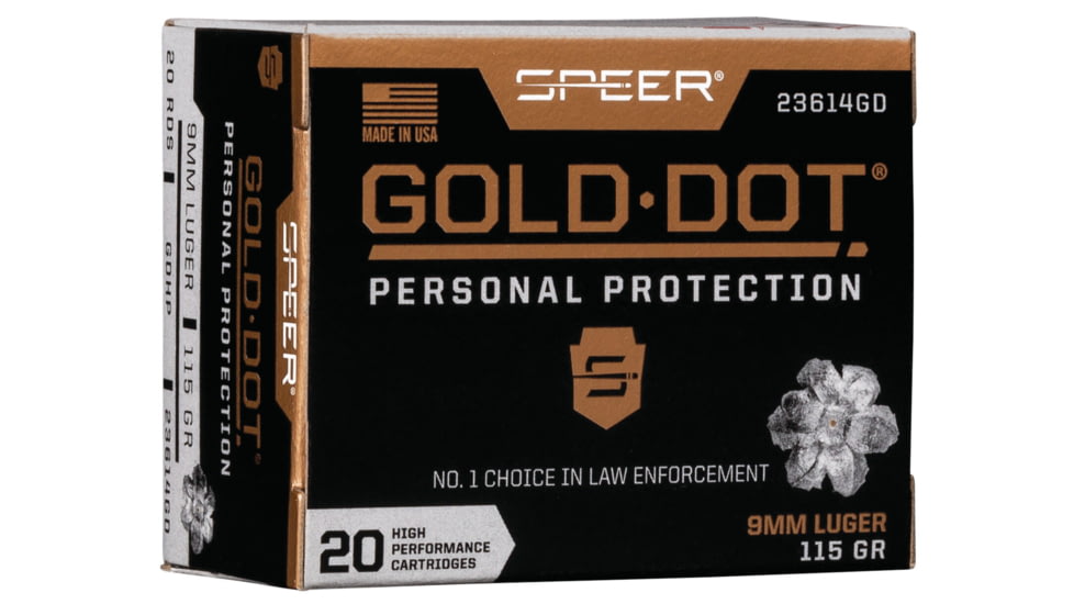 Speer Gold Dot Pistol Ammo, 9 mm Luger, Gold Dot Hollow Point, 115 grain, 20 Rounds, 23614GD
