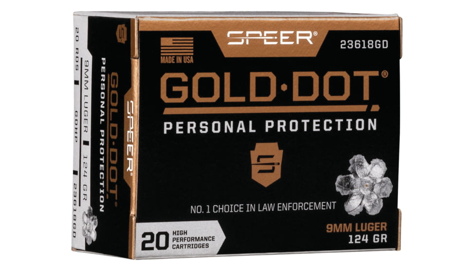 Speer Gold Dot Pistol Ammo, 9 mm Luger, Gold Dot Hollow Point, 124 grain, 20 Rounds, 23618GD