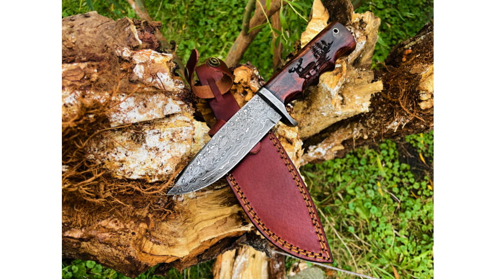 Titan International Knives TD-710 Hunting Fixed Blade Knives, 5in, High Carbon Damascus Steel, Straight Edge, Buck Engraved Walnut Scales Handle, TD-710