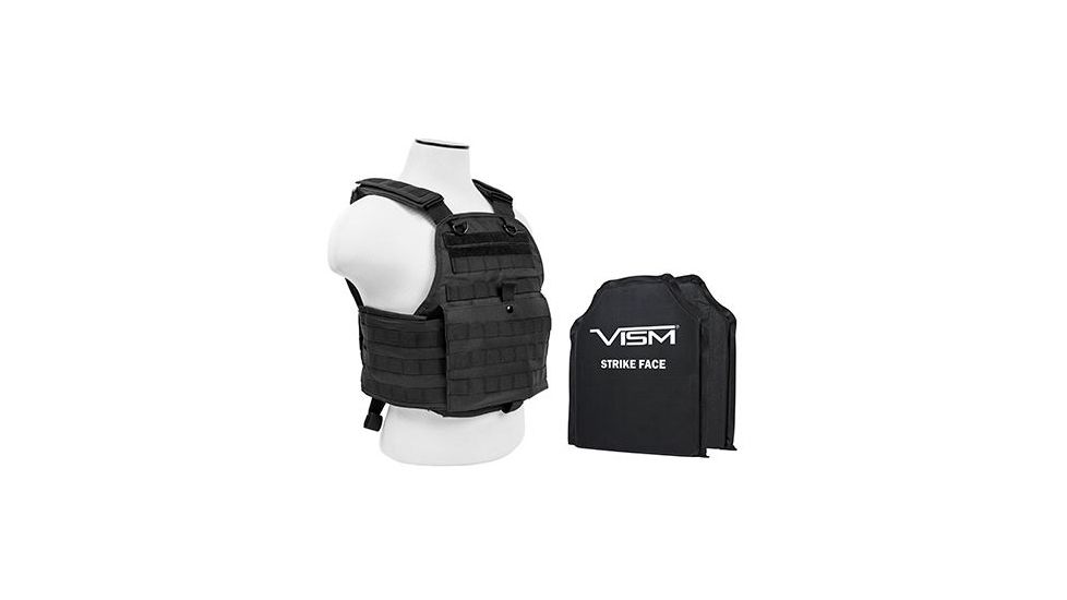 Vism 2924 Series Plate Carrier Vest includes two BSC1012 Soft Ballistic Panels - Shooters Cut 10in X12in, Black BSCVPCV2924B-A