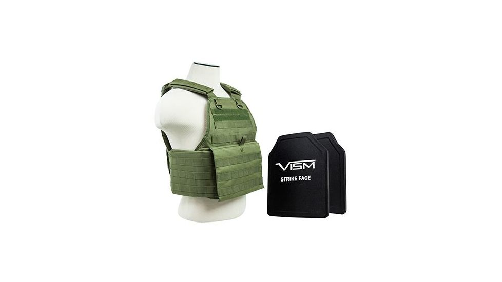 Vism 2924 Series Plate Carrier Vest includes two BSC1012 Soft Ballistic Panels - Shooters Cut 10in X12in, Green BPCVPCV2924G-A