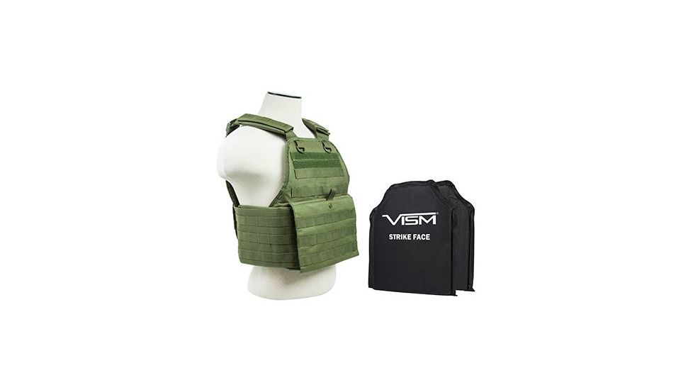 Vism 2924 Series Plate Carrier Vest includes two BSC1012 Soft Ballistic Panels - Shooters Cut 10in X12in, Green BSCVPCV2924G-A