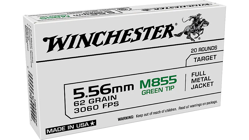 Winchester USA 5.56x45mm NATO 62 grain Green Tip (M855) Full Metal Jacket Boat Tail (FMJBT) Brass Centerfire Rifle Ammunition
