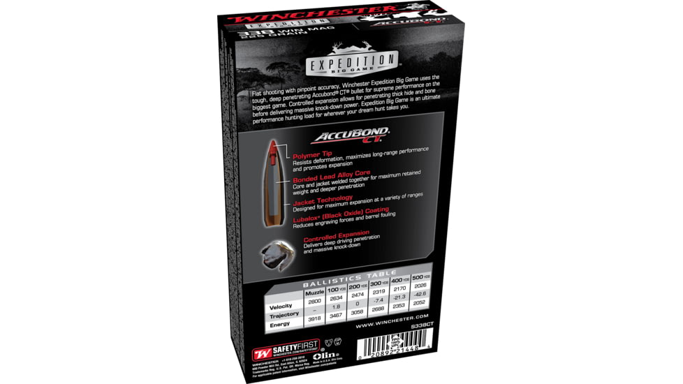 Winchester Ammo S338CT Expedition Big Game .338 Win Mag 225 Gr AccuBond CT20 Bx, S338CT