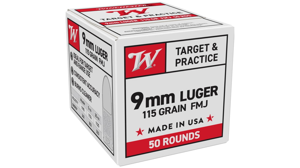 Winchester USA 9mm Luger 115 Grain Full Metal Jacket FMJ Brass Cased Pistol Ammo, 50 Rounds, W9MM50