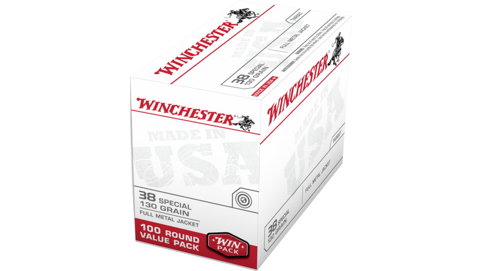 Winchester USA HANDGUN .38 Special 130 grain Full Metal Jacket Centerfire Pistol Ammo, 100 Rounds, USA38SPVP