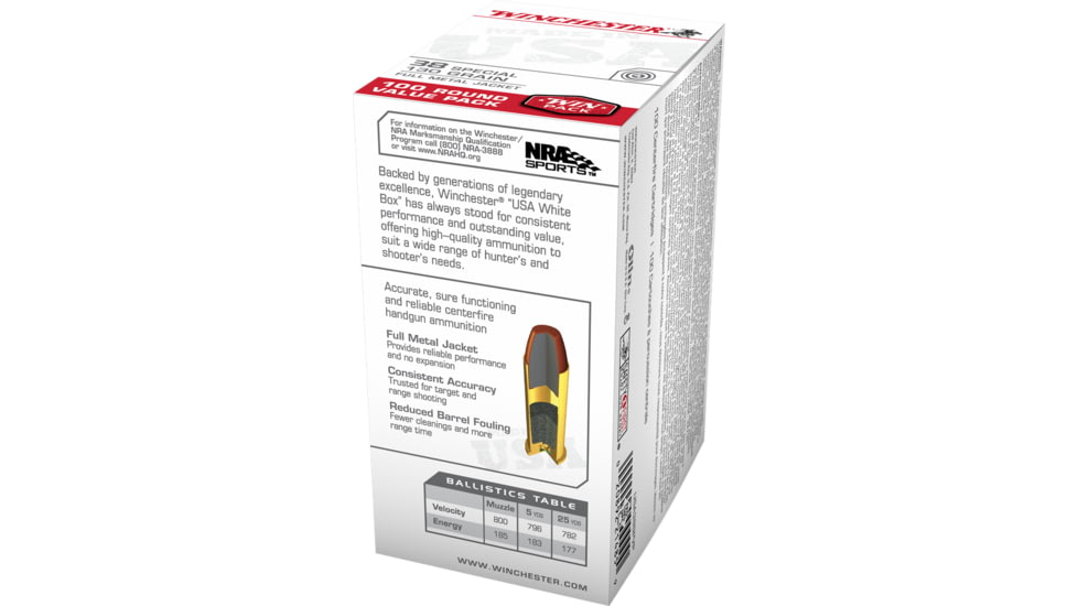 Winchester USA HANDGUN .38 Special 130 grain Full Metal Jacket Centerfire Pistol Ammo, 100 Rounds, USA38SPVP