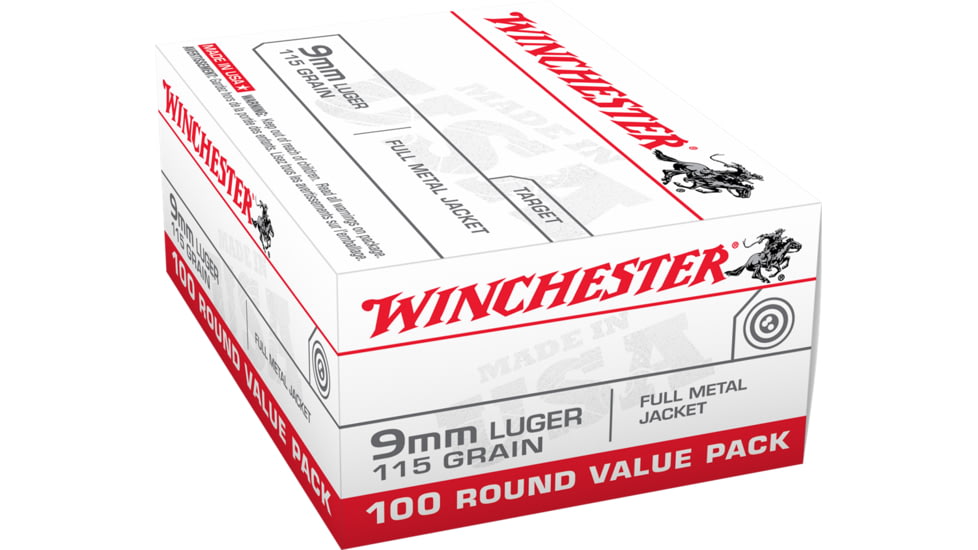 Winchester 9 mm Luger 115 grain Full Metal Jacket Centerfire Pistol Ammo, 100 Rounds, USA9MMVPY