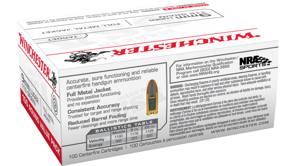 Winchester 9 mm Luger 115 grain Full Metal Jacket Centerfire Pistol Ammo, 100 Rounds, USA9MMVPY