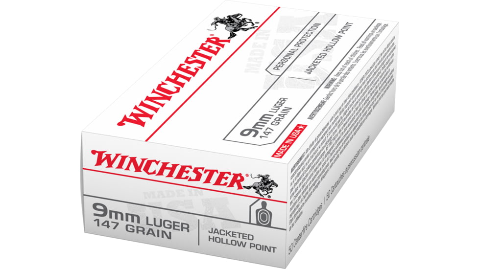 Winchester USA HANDGUN 9 mm Luger 147 grain Jacketed Hollow Point Centerfire Pistol Ammo, 50 Rounds, USA9JHP2