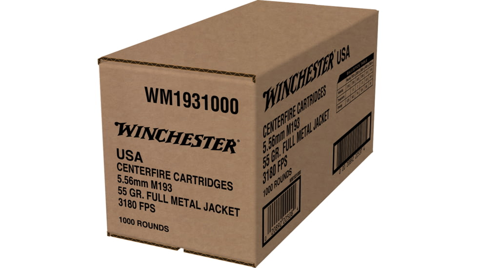 Winchester USA RIFLE, 5.56x45mm NATO, 55 grain, Full Metal Jacket, Brass, Centerfire Rifle Ammo, 1000, WM1931000