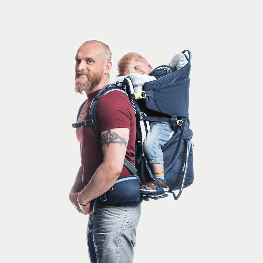 Man Carrying Infant In Deuter Brand Backpack Child Carrier