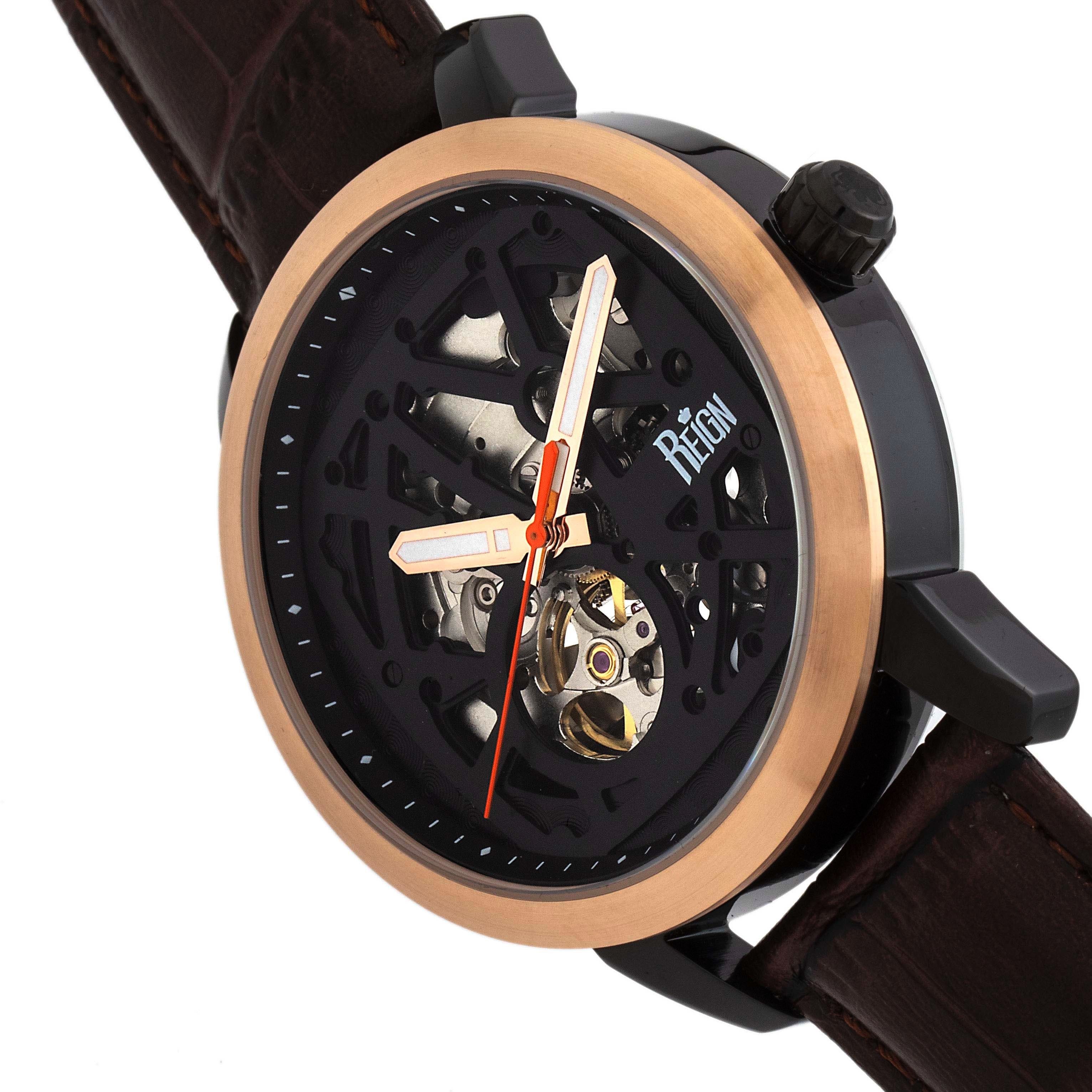 Reign Rudolf  Automatic Skeleton Leather Band Watch  Brown 