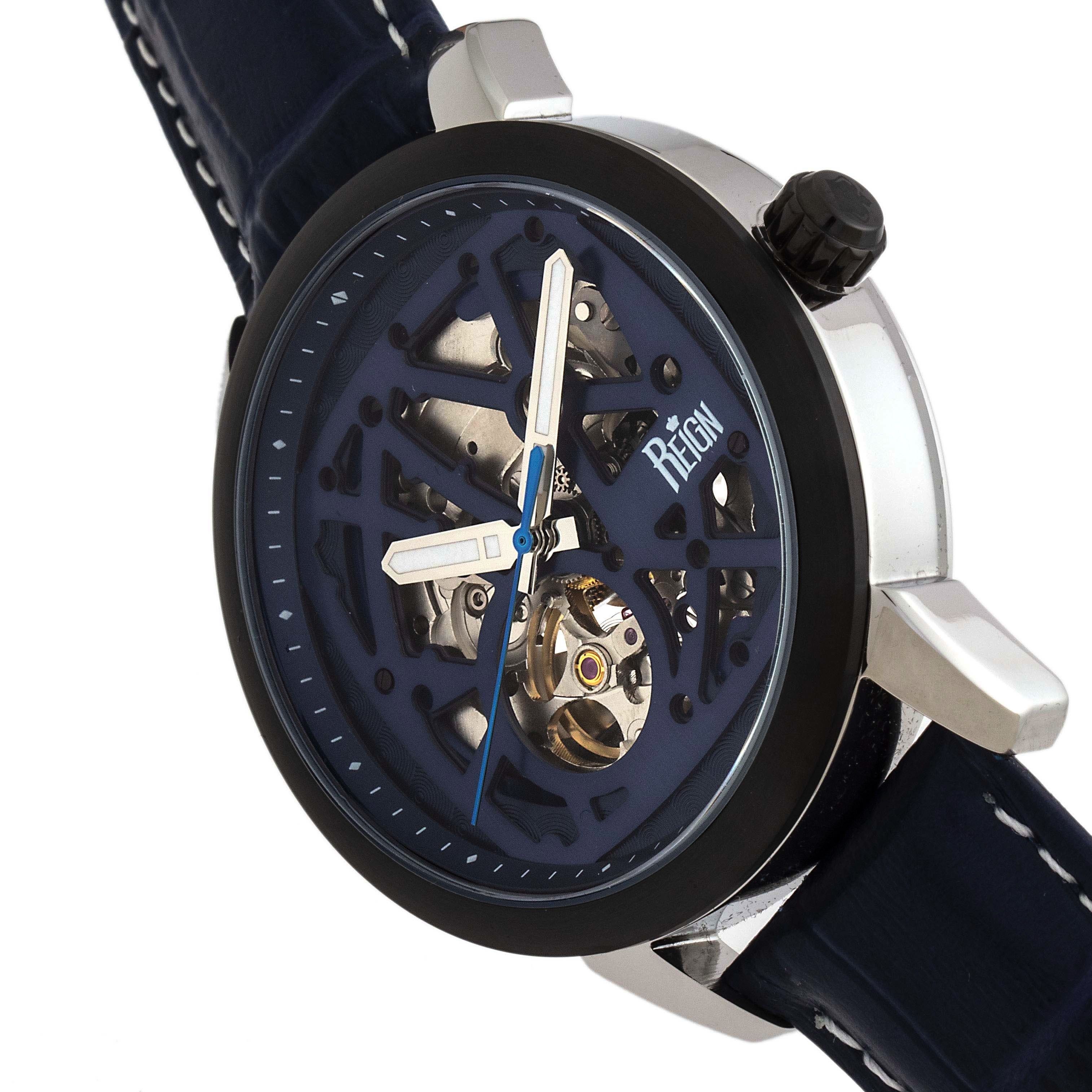 Reign Rudolf  Automatic Skeleton Leather Band Watch  Navy 