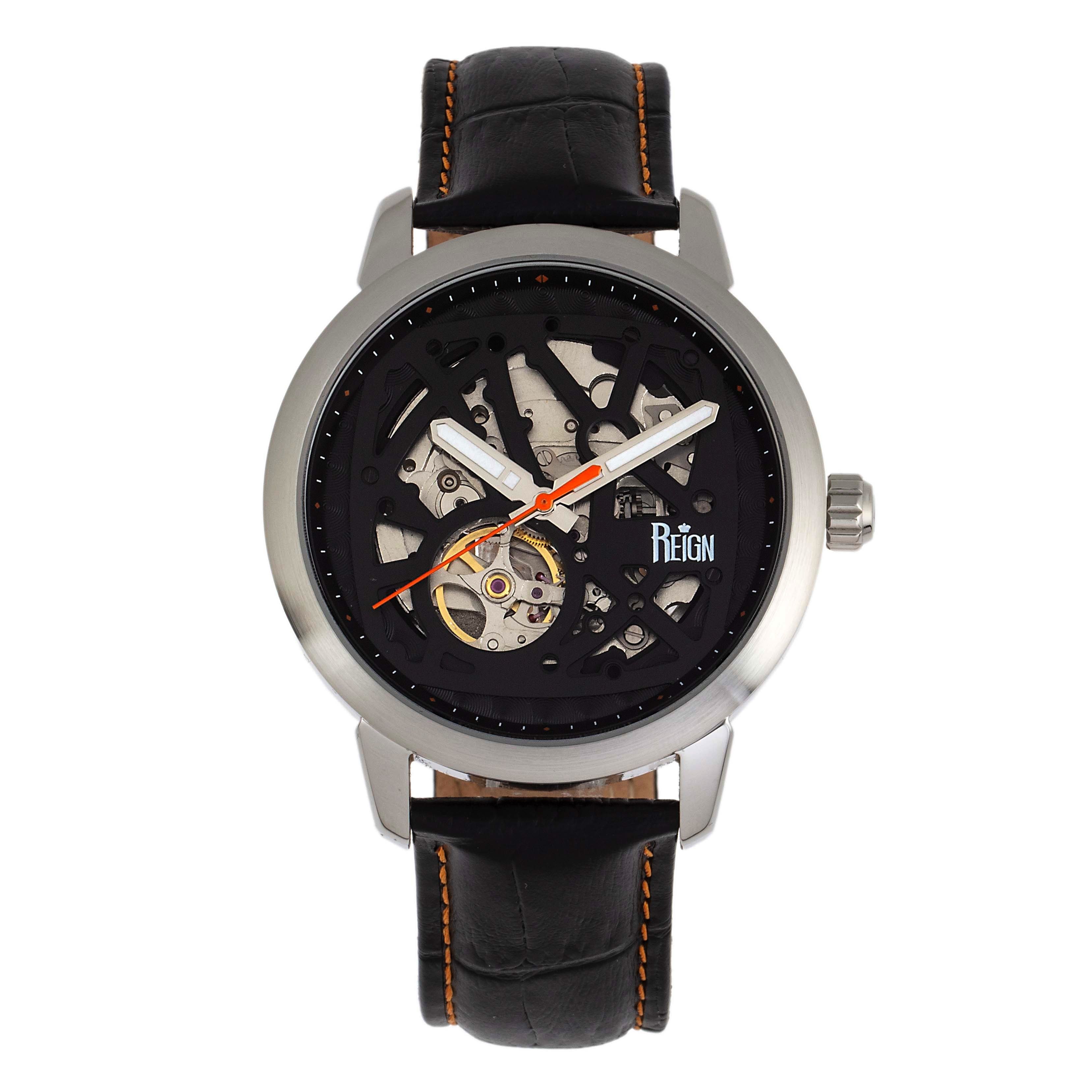 Reign Rudolf  Automatic Skeleton Leather Band Watch  Silver 