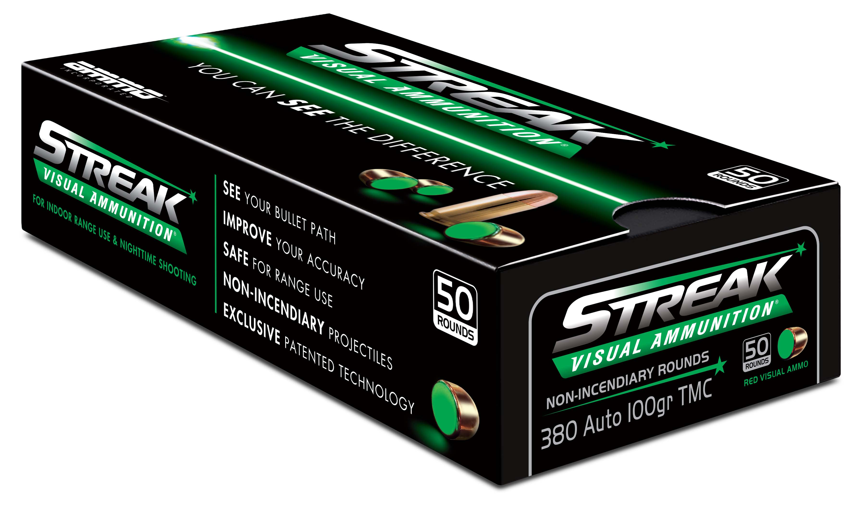 Ammo, Inc. Streak .380 Auto 100 Grain Tracer-Like Full Metal Jacket Brass Cased Green Pistol Ammunition