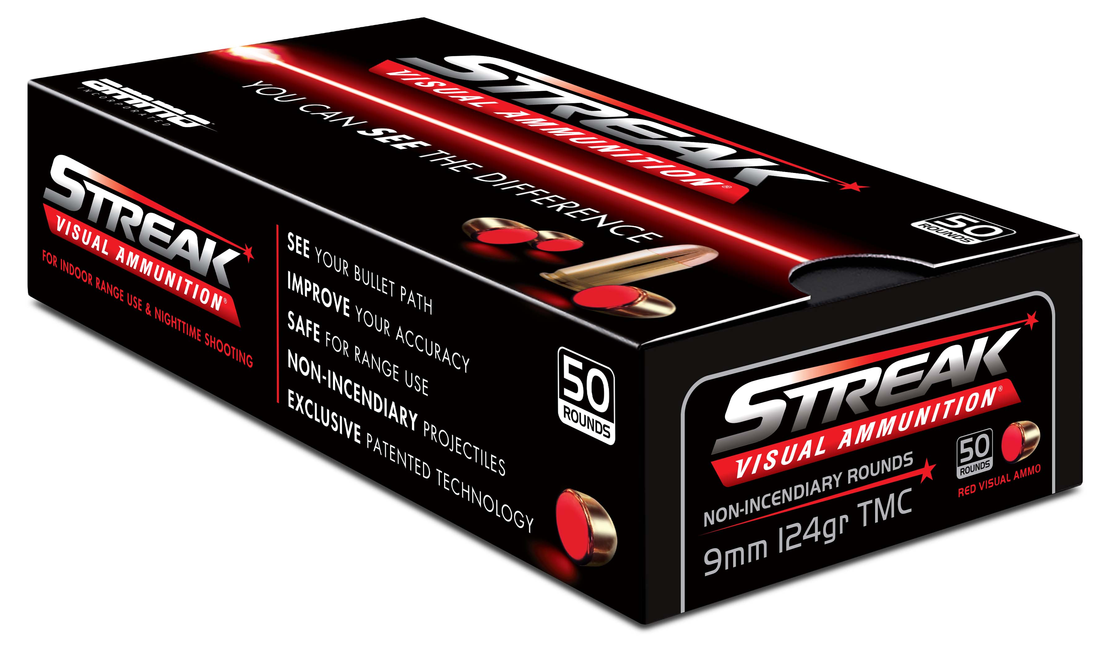 Ammo, Inc. STREAK 9mm Luger 124 grain Tracer-Like Total Metal Jacket Brass Cased Centerfire Visual Pistol Ammunition