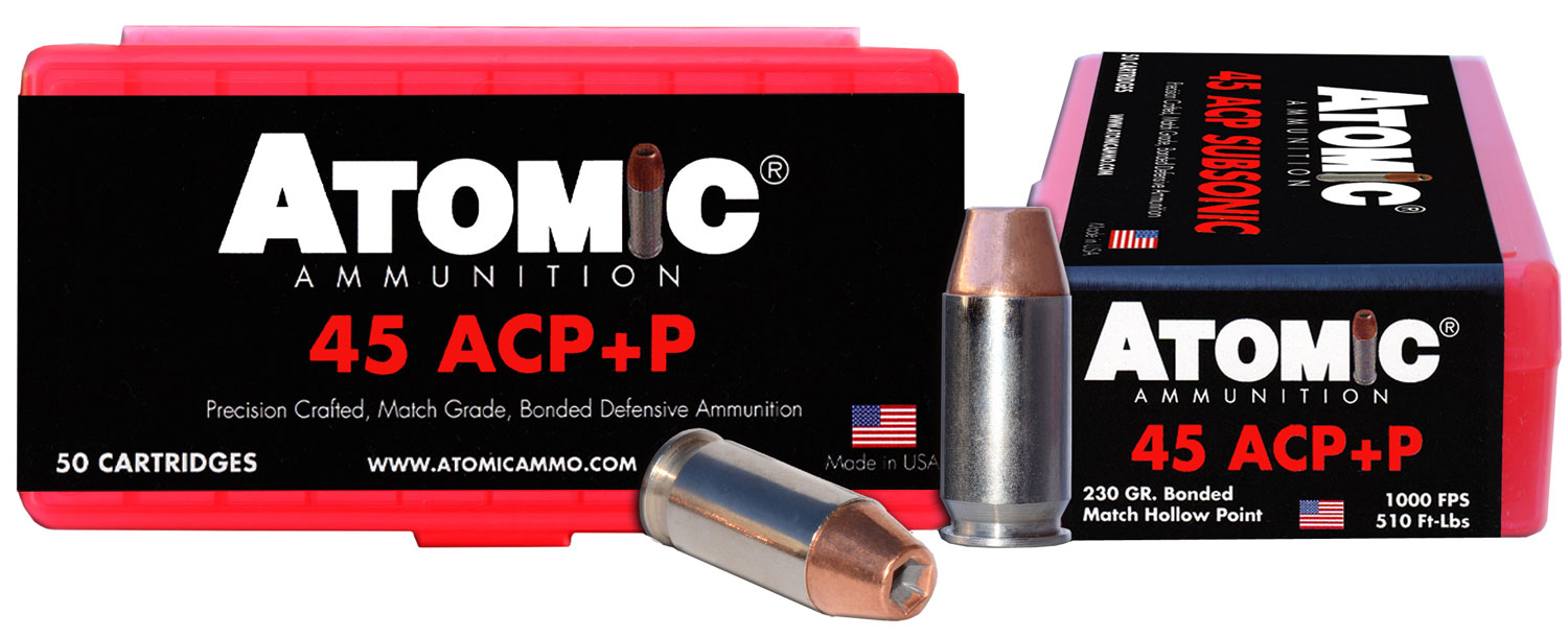 Atomic Ammunition Pistol .45 ACP 230 Grain Bonded Match Hollow Point Nickel Plated Brass Cased Pistol Ammunition