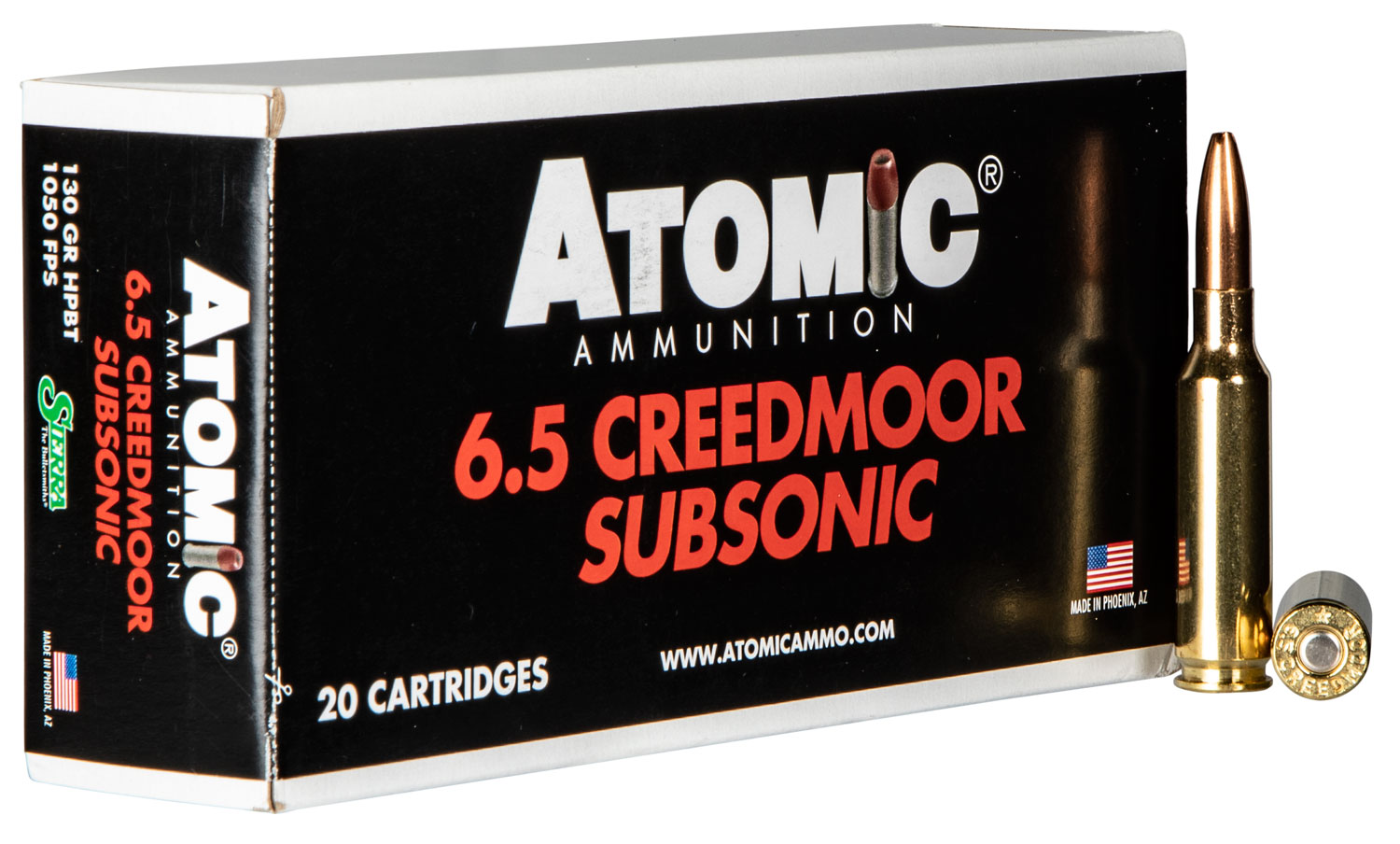 Atomic Ammunition Rifle Subsonic 6.5mm Creedmoor 130 Grain Boat Tail Hollow Point Brass Cased Rifle Ammunition