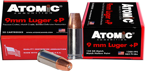 Atomic Ammunition 9mm +P 124 Grain Bonded Jacketed Hollow Point (BJHP) Brass Cased Centerfire Pistol Ammunition