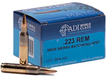 Australian Munitions ADI World Class Sierra MatchKing .223 Remington, 69 Grain, Hollow Point HP, Brass Cased, Centerfire Rifle Ammunition