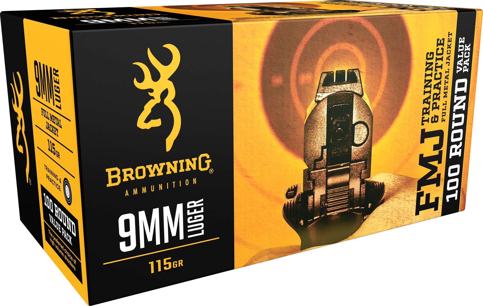 Browning Training and Practice 9mm Luger 115 Grain Full Metal Jacket Brass Cased Centerfire Pistol Ammunition