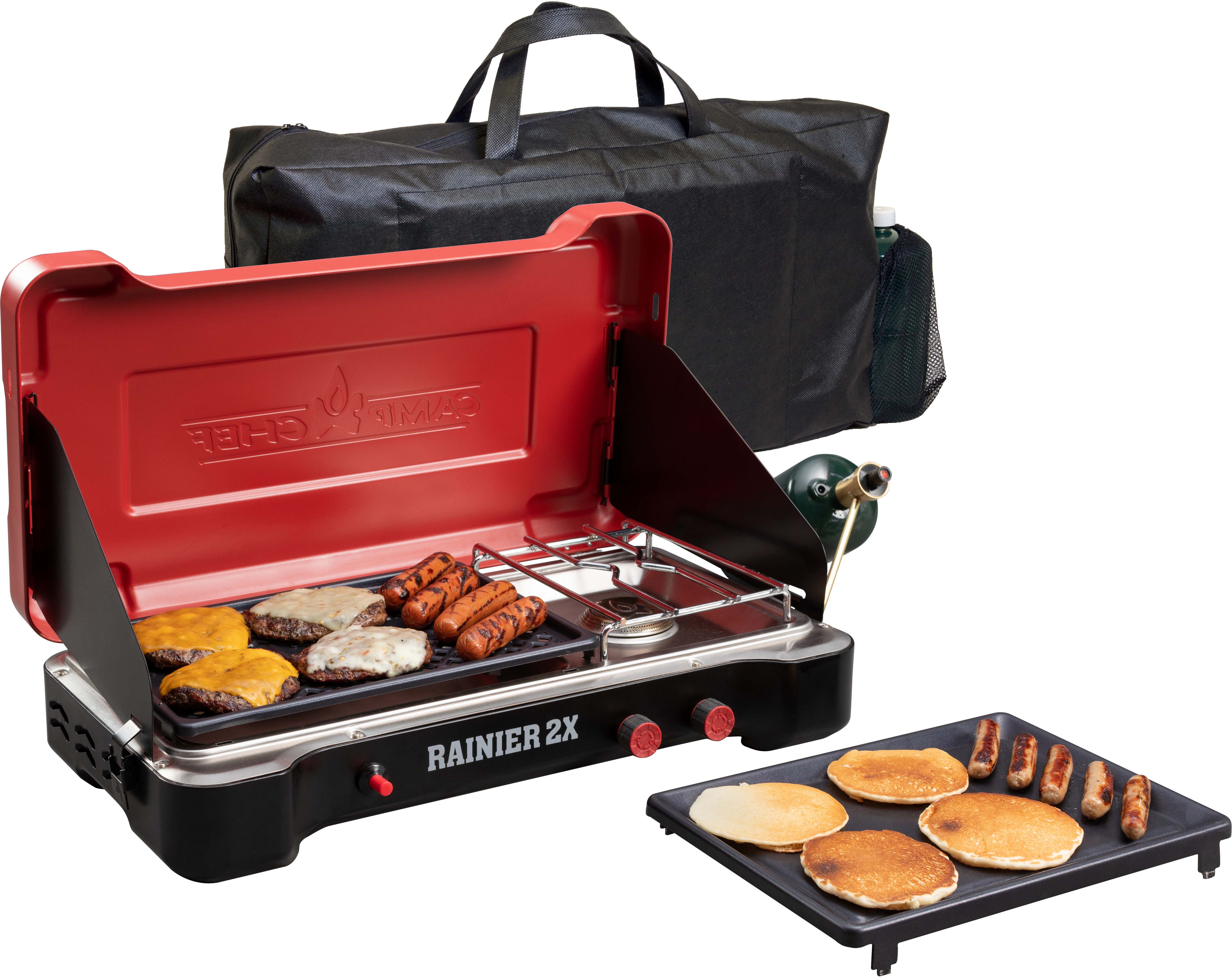Camp Chef Mountain Rainier 2X Two-Burner Cooking System w/ Griddle/Carry  Bag
