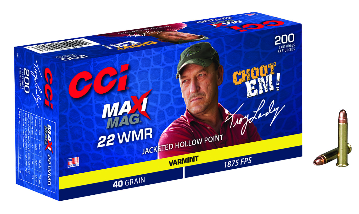 CCI Ammunition Maxi-Mag .22 Winchester Magnum Rimfire 40 Grain Jacketed Hollow Point Brass Cased Ammunition