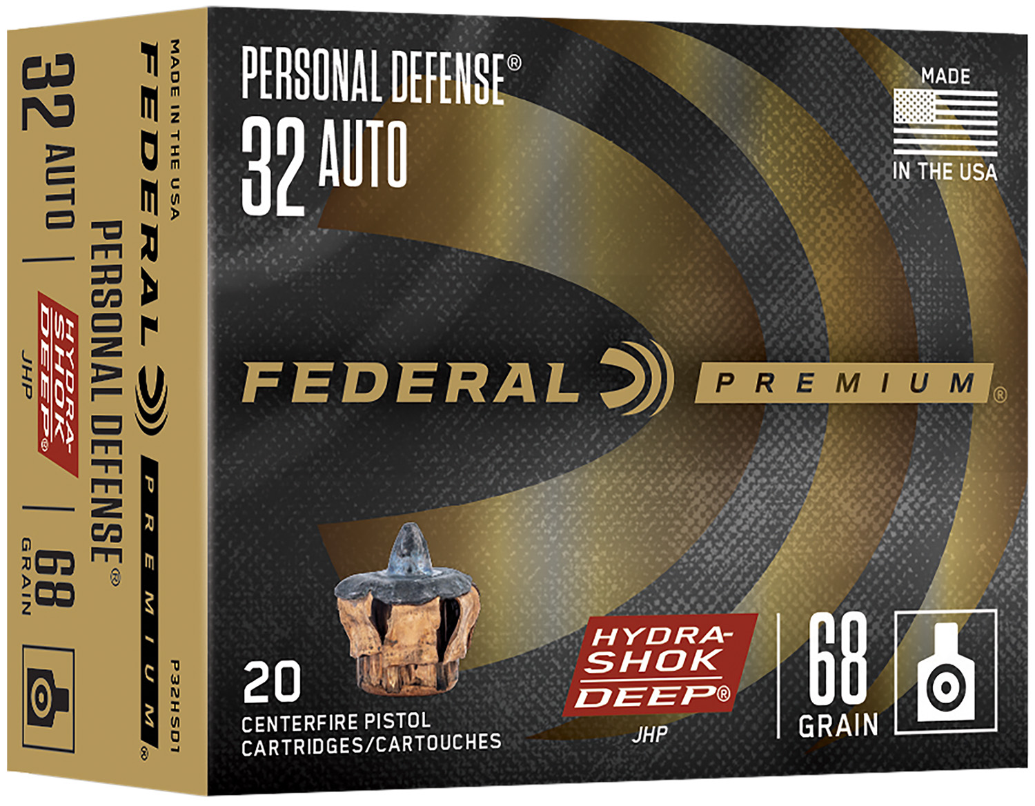 Federal Premium Personal Defense 32 Auto 68 Grain Hydra-Shok Deep Jacketed Hollow Point Brass Cased Pistol Ammunition