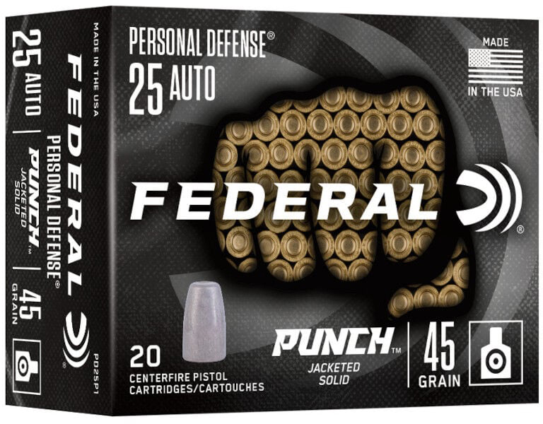 Federal Punch 25 Auto Ammo 45 Grain Jacketed Hollow Point Brass Cased Pistol Ammunition