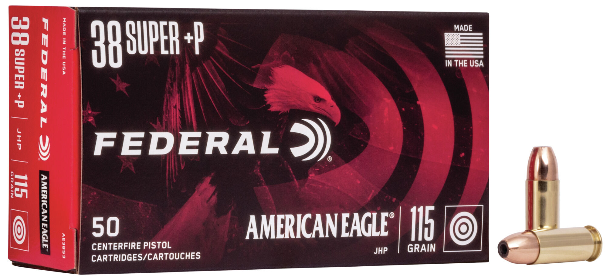 Federal Premium American Eagle Handgun 38 Super +P 115 Grain Jacketed Hollow Point Brass Cased Centerfire Pistol Ammunition