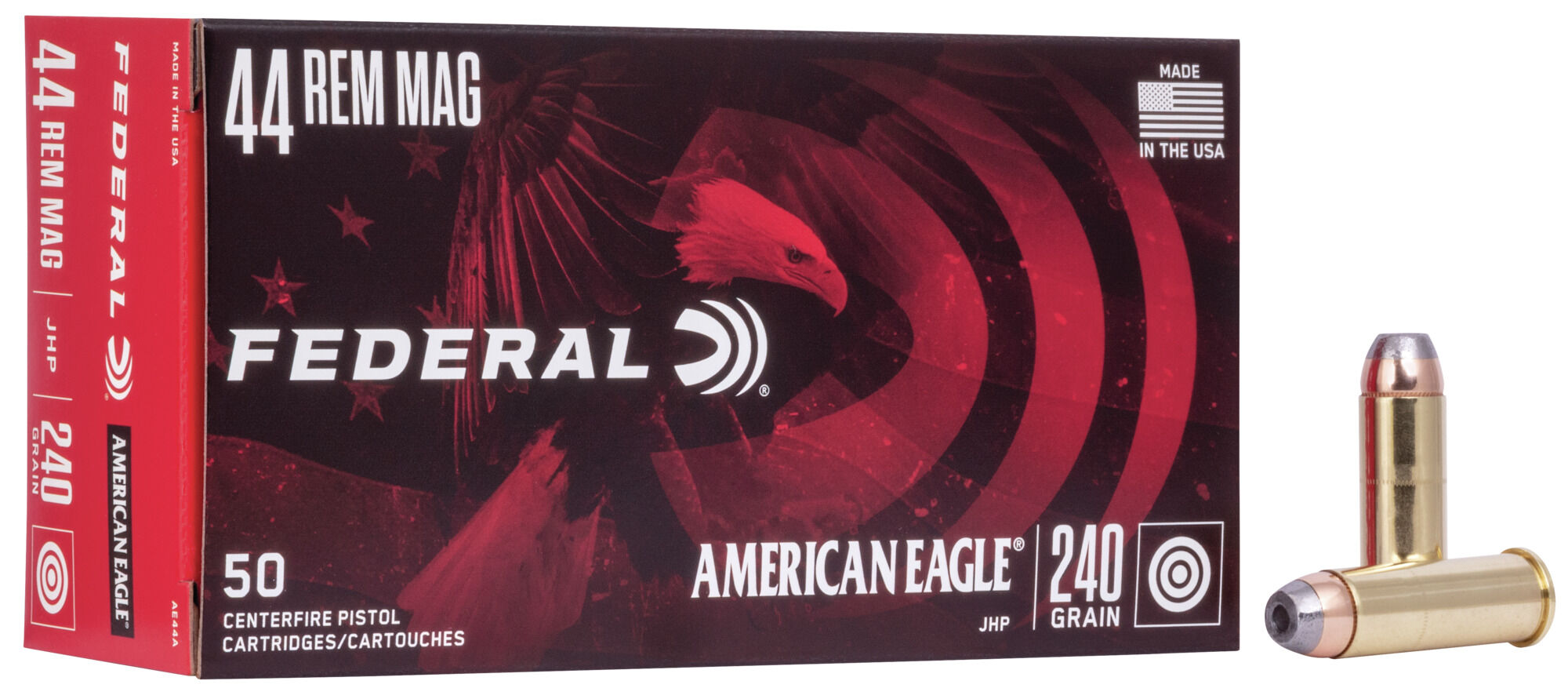 Federal Premium American Eagle Handgun 44 Rem Magnum 240 Grain Jacketed Hollow Point Brass Cased Centerfire Pistol Ammunition