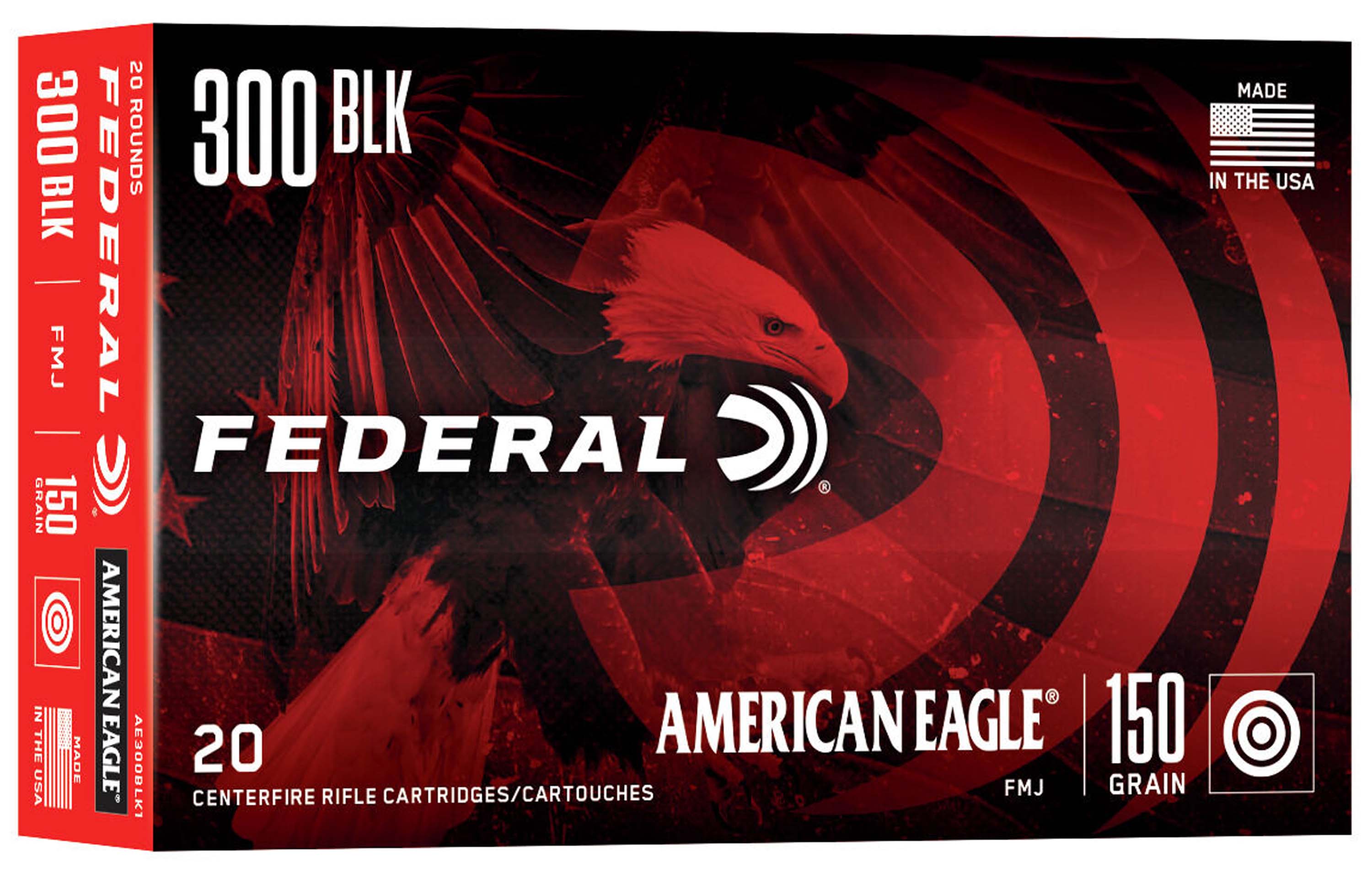 Federal Premium American Eagle Rifle 300 Blackout 150 Grain Full Metal Jacket Boat Tail Brass Cased Centerfire Rifle Ammunition