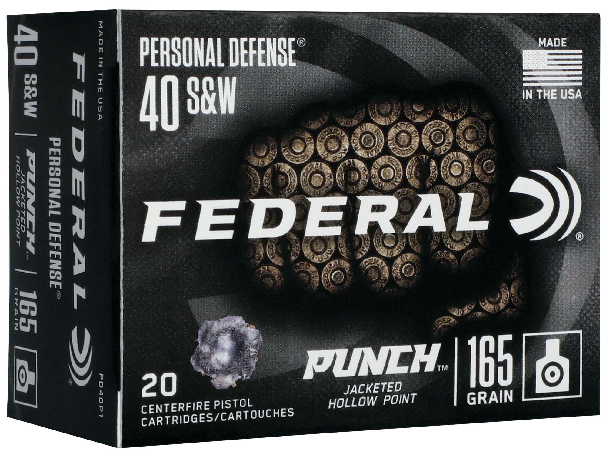 Federal Premium Personal Defense Punch 40 S&W 165 Grain Jacketed Hollow Point Brass Cased Centerfire Pistol Ammunition